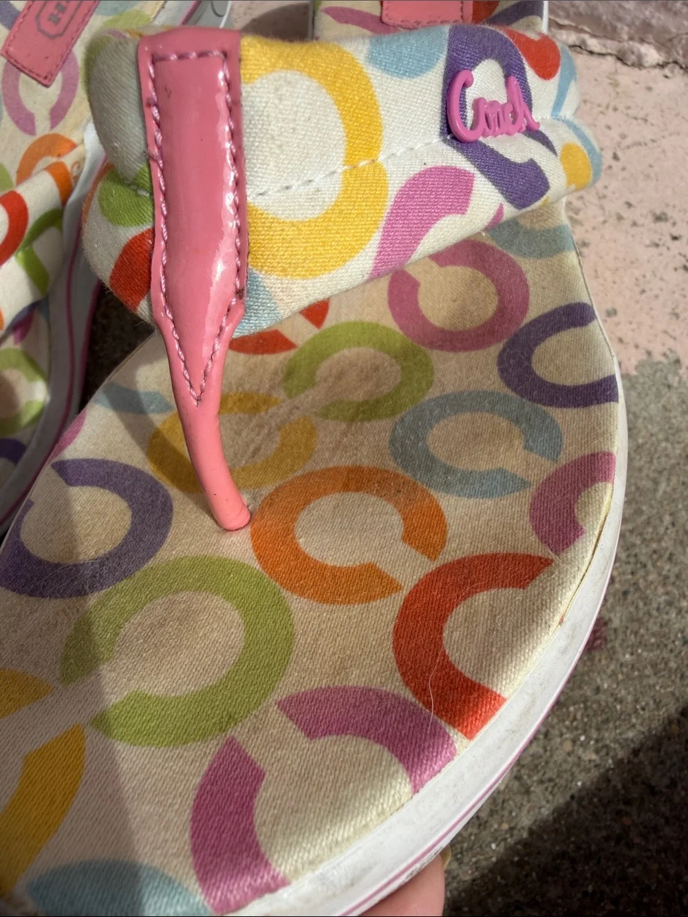 Y2K Coach Dalores A0135 Wedge Flip Flops Multicolor Signature C Pink Size 9B
